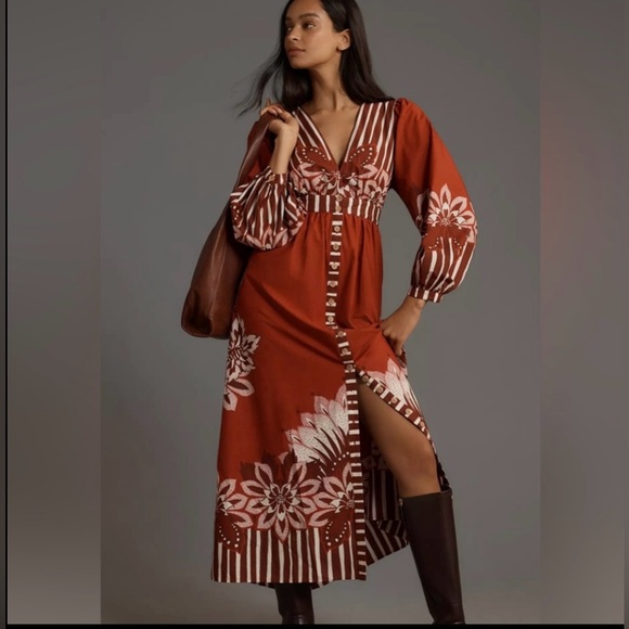 FARM Rio Dresses & Skirts - BNWT 🆕 FARM Rio x Anthropologie Long Sleeve Cotton V Neck Midi Dress - XXS